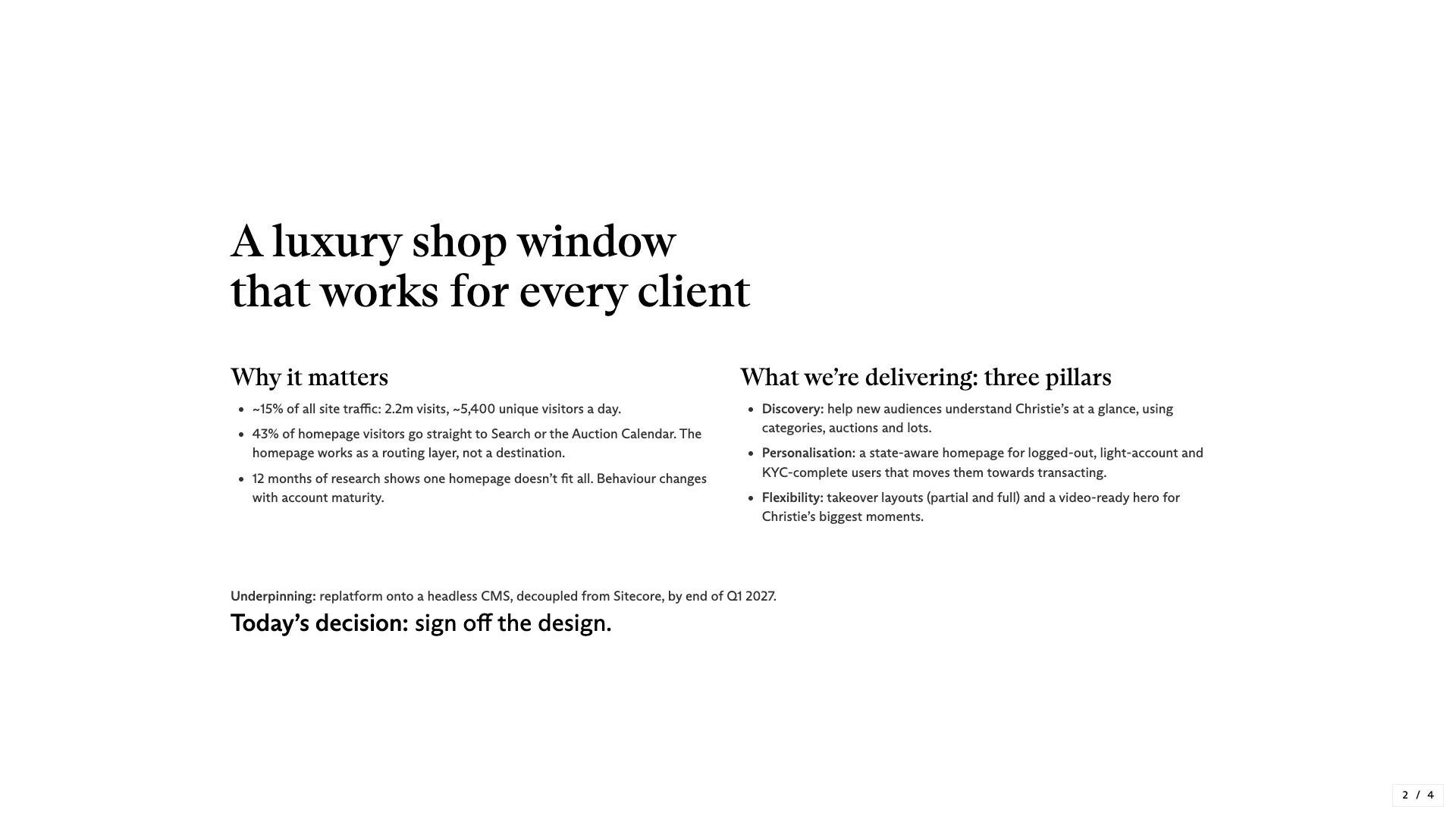 A slide from the homepage redesign deck: a heading over two columns of bullets